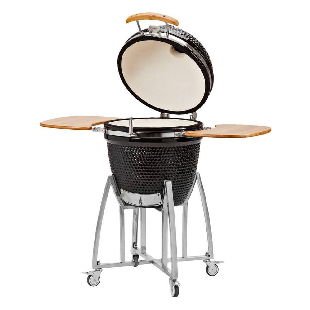 21 in. Comfortbilt Kamado Ceramic Charcoal Grill in Black with Folding Side Tables