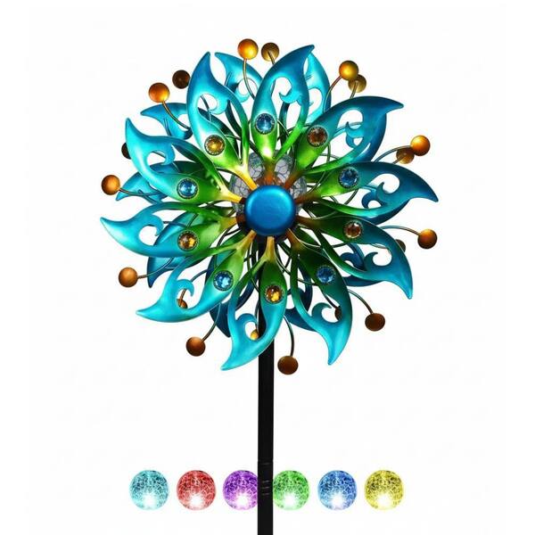 Solar Wind Spinner With LED Lights - 360 Degree Dual Motion Garden Decor