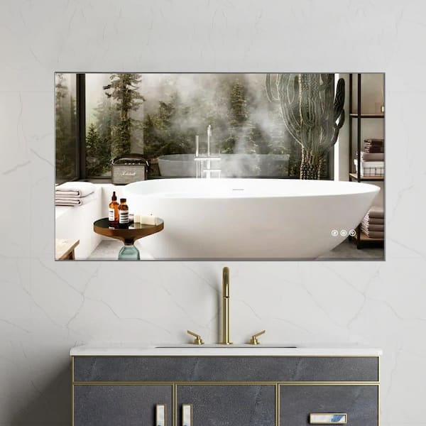Andrea 42 in. W x 24 in. H Large Rectangular Metal Framed Dimmable AntiFog Wall Mount LED Bathroom Vanity Mirror in Grey