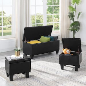 3Pcs Black Leather Fabric Large Storage Ottoman Bench Set, Line Bedroom End of Bed Storage Bench with 2 Ottoman Footrest