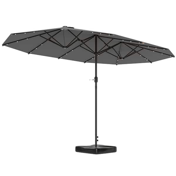 14.4 ft. Double Umbrella, Large Outdoor Patio Umbrella in Gray with Base Included, Patio Sun Shade with LED Solar Light