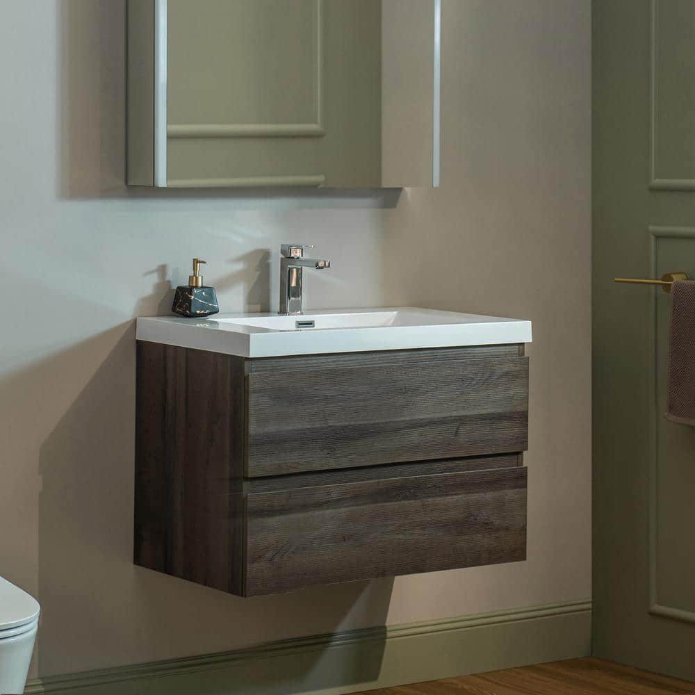 29.5" Grey Oak Composite Floating Vanity with White Resin Top