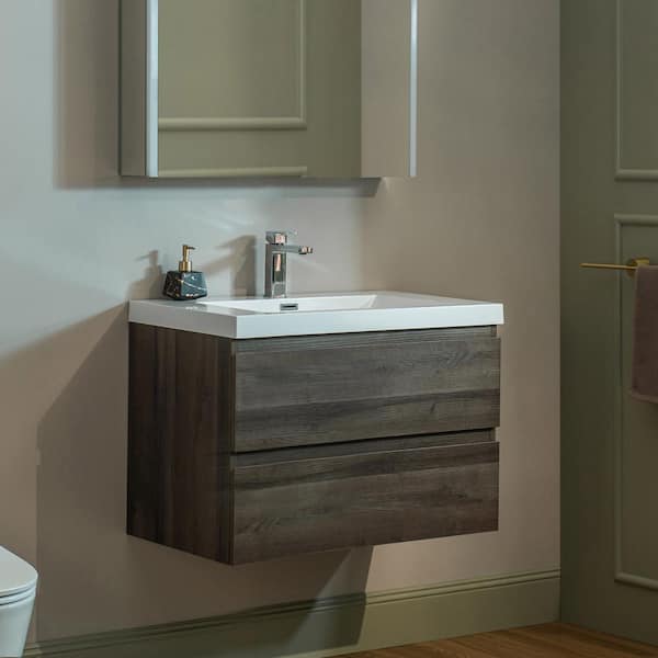 NJ 29.5 in. W x 19.63 in. D x 22.5 in. H Single Sink Floating Bath Vanity in Grey Oak with White Resin Top