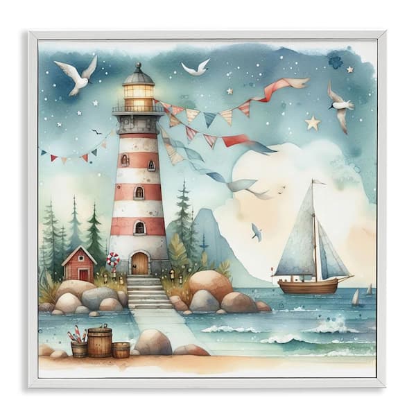 Stupell Industries Whimsical Lighthouse and Birds by LSR Design Studio White Framed Coastal Giclee Art Print 17 in. x 17 in.