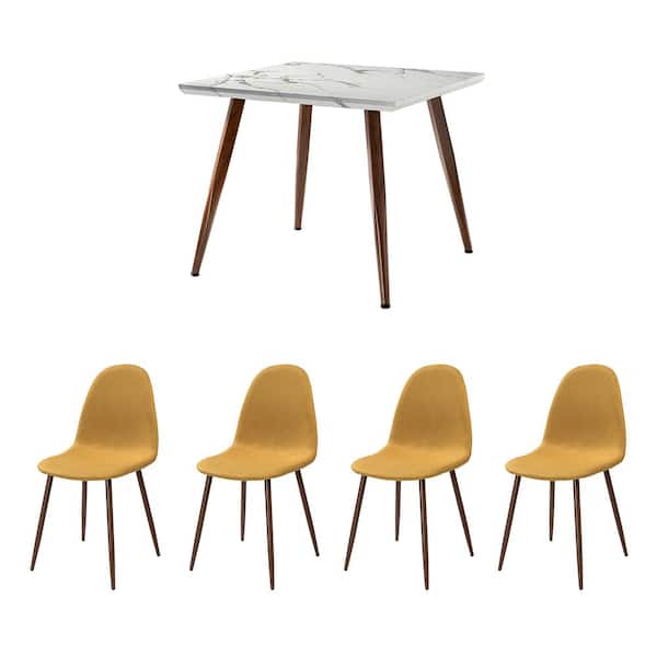JAYDEN CREATION Ergani 5 Piece Dining Set with Square Marbling Table and Mustard Chairs