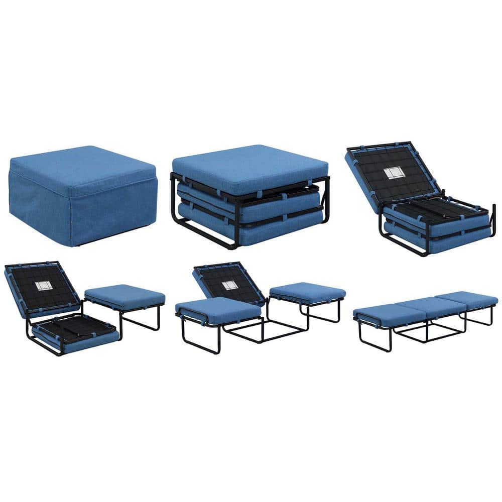 Soft Blue Fabric Convertible Ottoman Twin Bed with Metal Frame