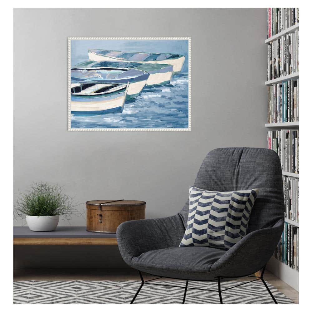 Blue and White Nautical Boat Canvas Print with Beaded Frame