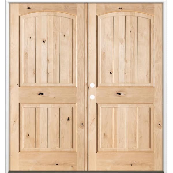 60 in. x 80 in. Rustic Knotty Alder Arch Top VG Right-Hand/Inswing Double Unfinished Wood Prehung Front Door