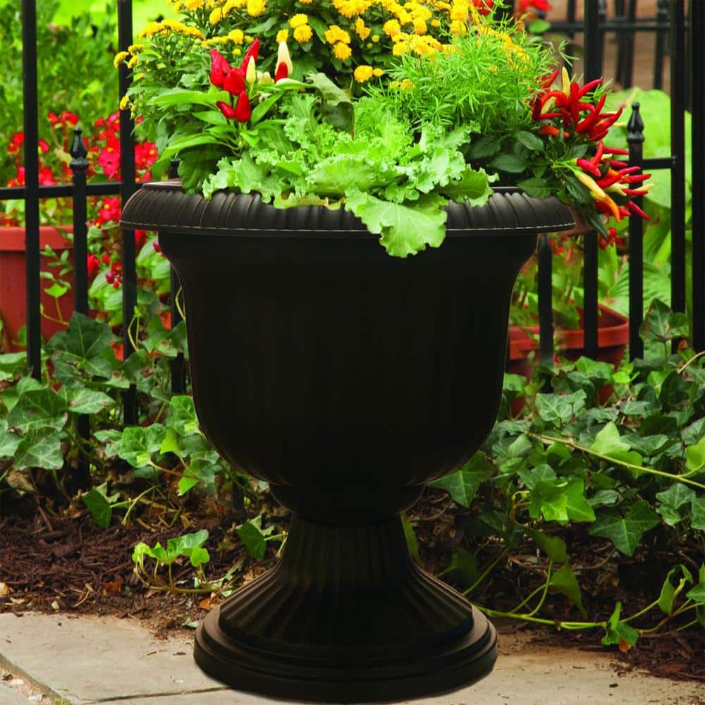 Black 14" UV-Coated Resin Fluted Outdoor Urn Planter Set