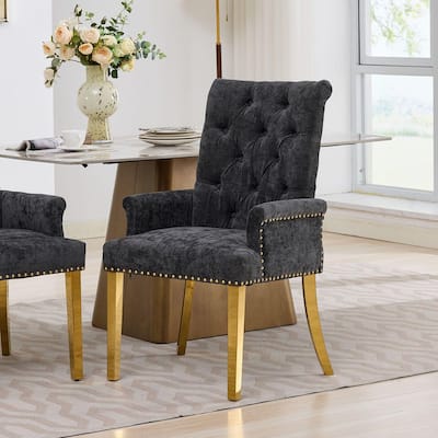 Black Chenille Upholstered Dining Chair with High Back, Arms