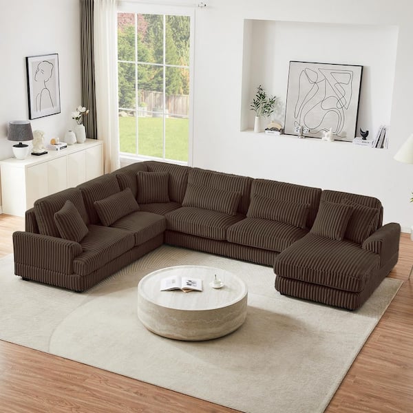 129 in. Rolled Arm Corduroy U-shaped Sectional Sofa in Brown with Chaise Lounge and 7 Pillows