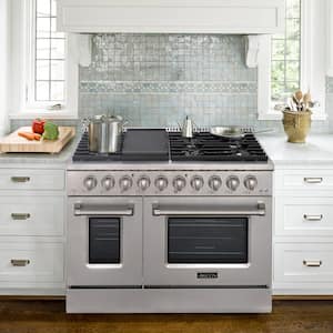48in. 8 Burners Freestanding Gas Range in Stainless Steel with Convection Fan Cast Iron Grates and Black Enamel Top