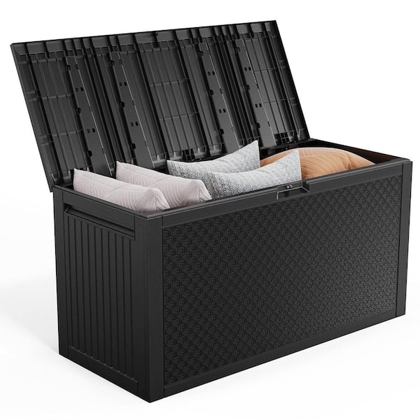 90 Gallons Black Plastic Lockable Deck Box Outdoor Indoor Storage