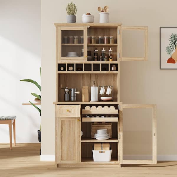 Natural 74.8 in. H Kitchen Pantry Storage Cabinet with Wine Rack, Pull-Out Bottle Trays, Freestanding Buffet with Hutch