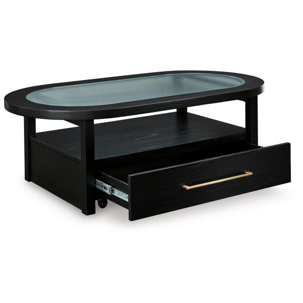 Black Oval Wood and Glass Lift-Top Coffee Table with Storage