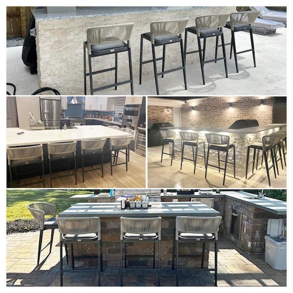 Modern Aluminum Low Back Rattan Bar Height Outdoor Bar Stool with Backrest and Dark Gray Cushion (2-Pack)