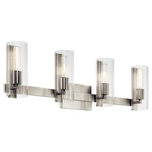 Jemsa 32 in. 4-Light Brushed Nickel Soft Modern Bathroom Vanity Light with Clear Fluted Glass