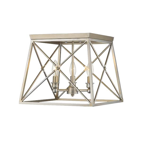 Unbranded Trestle 14 in. 3-Light Antique Silver Flush Mount Light with No Bulbs Included