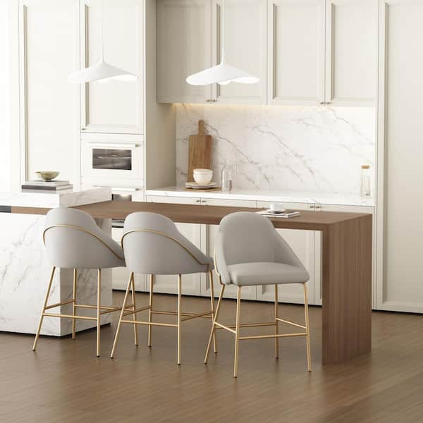 Gracie 26 in. Modern Stone and Gold Metal Frame Counter Height Bar Stool with Faux Leather Upholstered Seat (Set of 3)