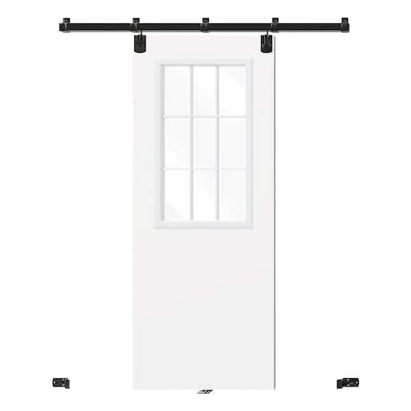 32 in. x 80 in. 9-Lite, Double-Glazed Clear Glass, White Primed, Composite Sliding Barn Door with Hardware Kit