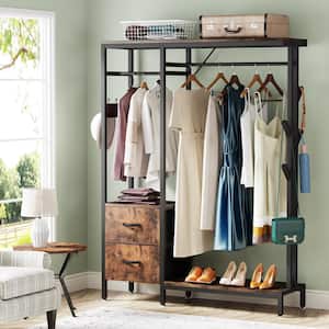 Carmalita Rustic Brown Clothes Rack with Drawers and Shelves, Freestanding Closet Organizer, Heavy-Duty Garment Rack