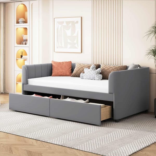 Gray Twin Size Daybed with Ergonomic Design Backrest and 2-Drawers