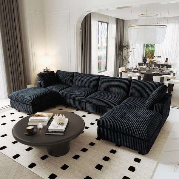157 in. Square Arm Faux Rabbit Fur Velvet 6-Piece Free Combination Cloud Modular Sectional Sofa with Ottoman in Black
