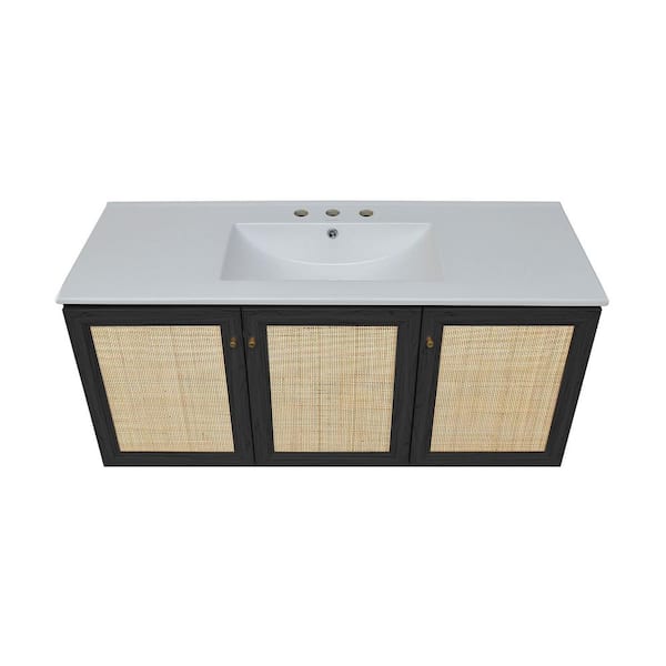 Classe 48 in. Wall-Mounted Bath Vanity in Black Oak with White Ceramic 3-Hole Widespread Sink Top