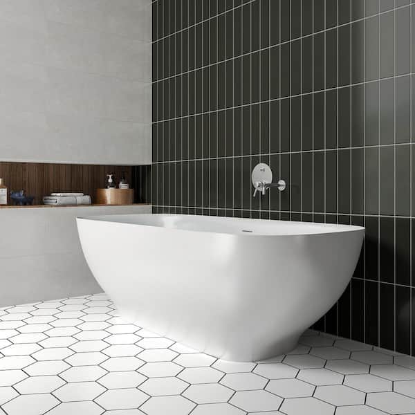 67 in. Square Stone Resin Composite Round Solid Surface Freestanding Flatbottom Non-Whirlpool Bathtub in White