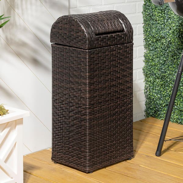 Darla 14.27 Gal. All-Weather Wicker/Metal Swing Top Lid Hideaway Outdoor Trash Can, Brown
