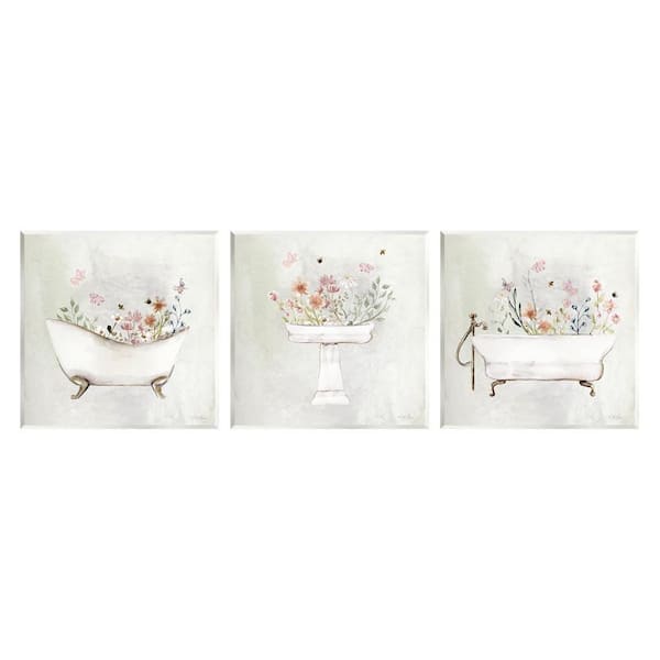 Soft Floral Bathroom Scenes by Stella Chang 3 Piece Unframed Graphic Art Print Typography 12 in. x 12 in.