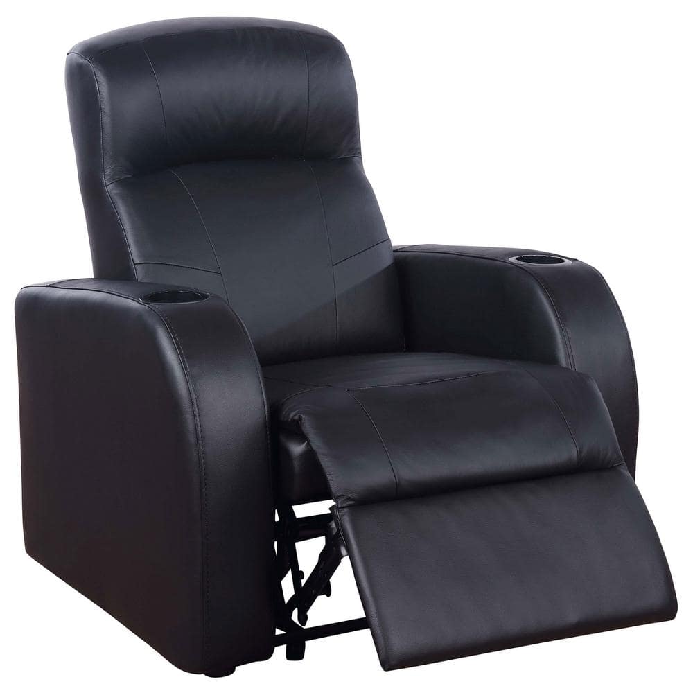 Cyrus Black Leather Manual Reclining Sofa with Cup Holders