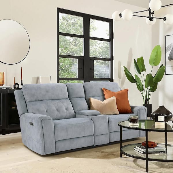 Korlan 84.5 in W Microfiber 2-Seater Power Double Reclining Love Seat with Center Console in Gray