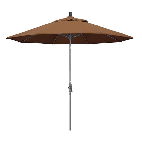 California Umbrella 9 ft. Hammertone Grey Aluminum Market Patio Umbrella with Collar Tilt Crank Lift in Teak Sunbrella