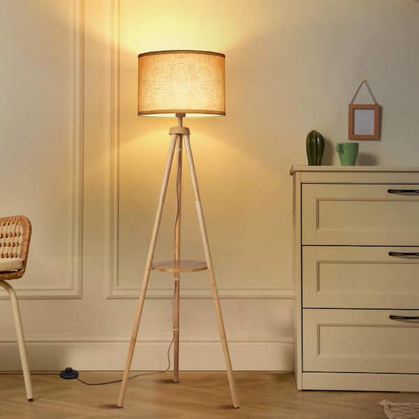 BICIK 63 in. Wood Color Dimmable Oak Tripod Floor Lamp with Remote