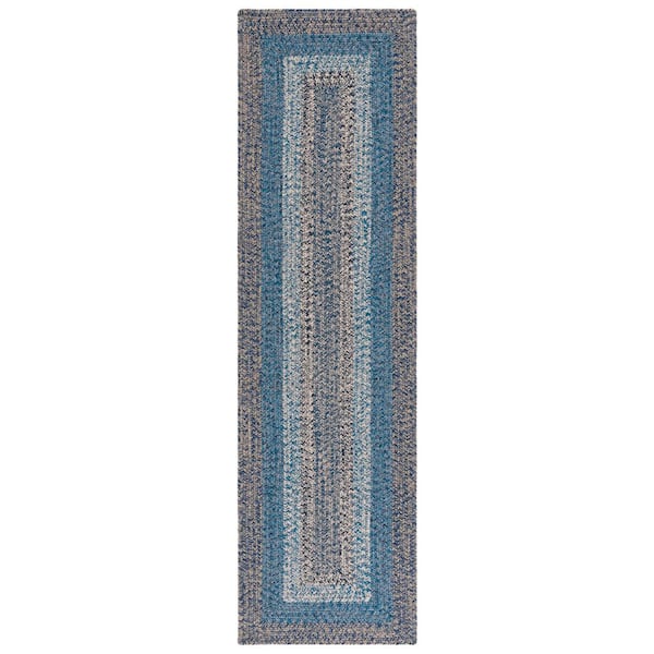 Braided Navy/Blue 2 ft. x 8 ft. Machine Washable Solid Striped Border Runner Rug