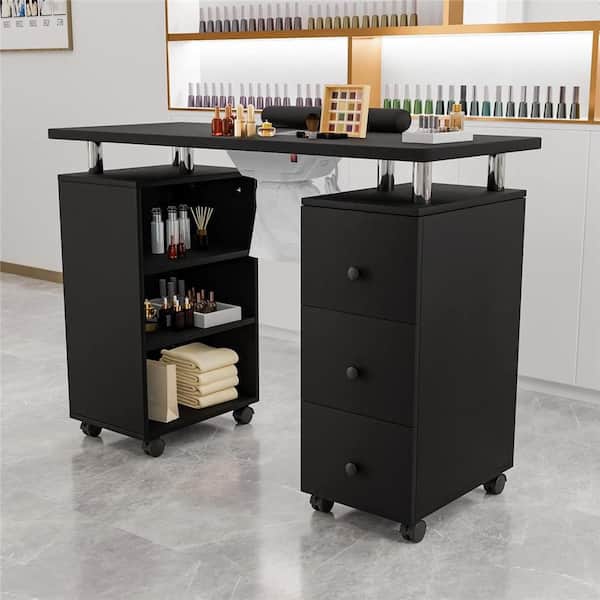 Karl home 42.5 in. Rectangular Black MDF 3-Drawer Manicure Table Nail Desk with Open Side Cabinet, Doors, Electric Dust Collector