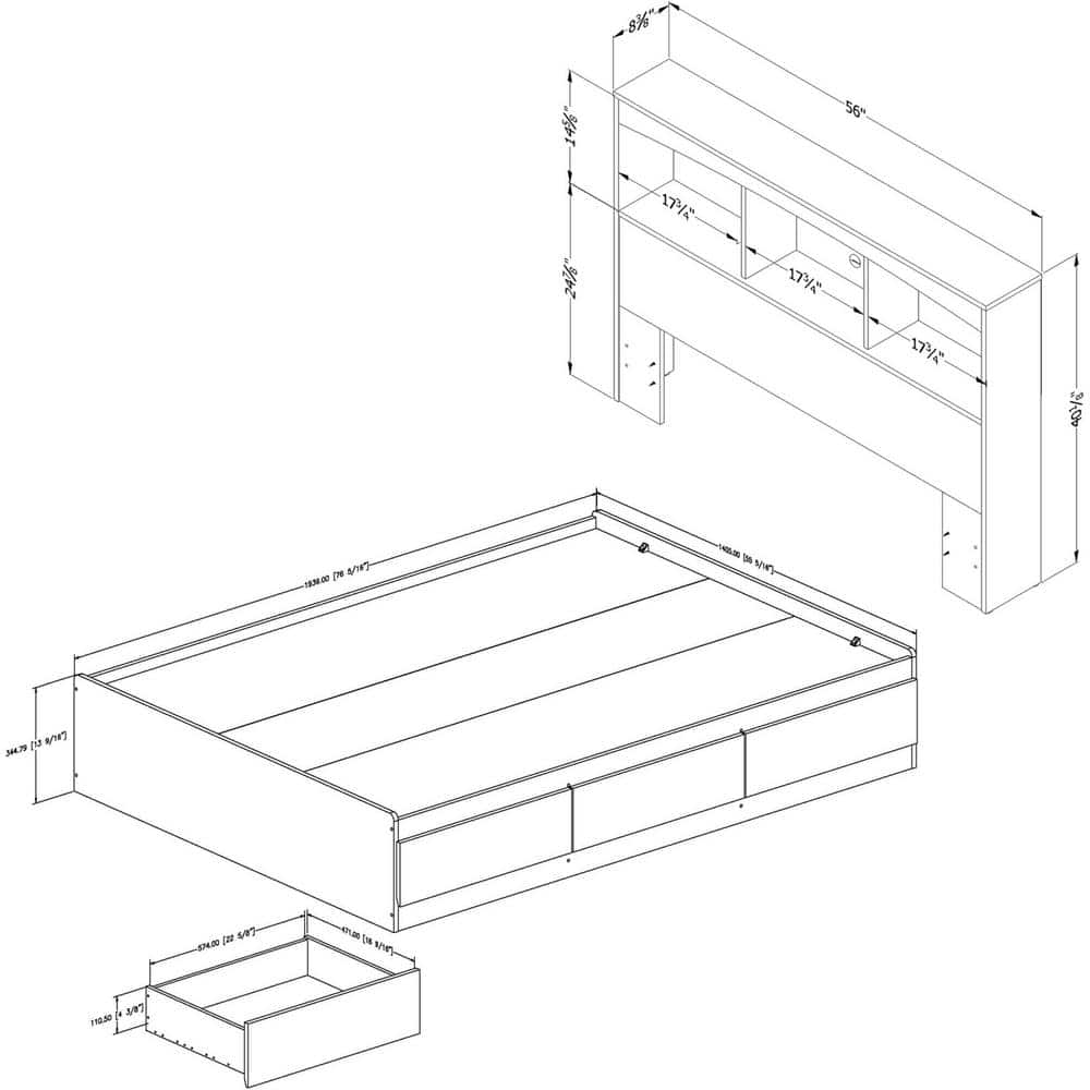 Step One Full/Double White Wood Frame Captain's Bed with Storage and Bookcase