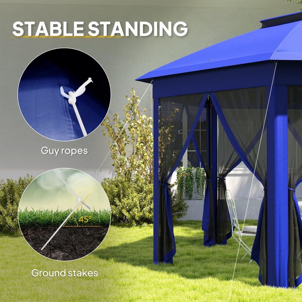 Dark Blue Steel Frame Hexagonal Pop-Up Gazebo with Mesh Netting