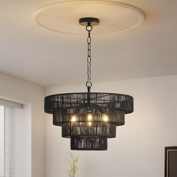 TinHon 6-Light Black Boho Tiered Rope Drum Chandelier for Dining Room, Entryway, Living Room