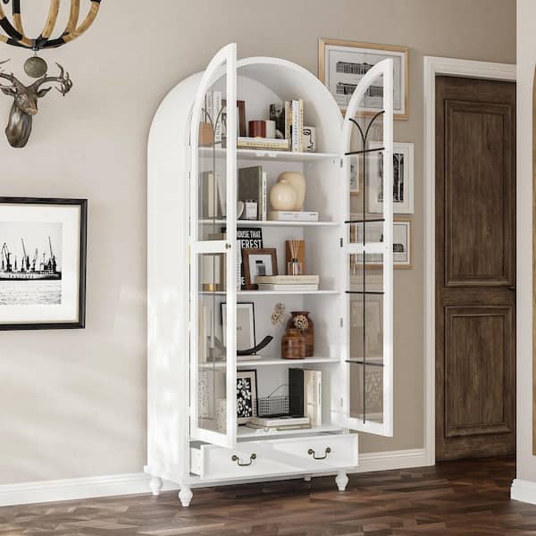 White 77.2 in. Accent Cabinet Office Storage Cabinet with 5 Shelves,Large Drawer,Arched Display Cabinet with Glass Doors