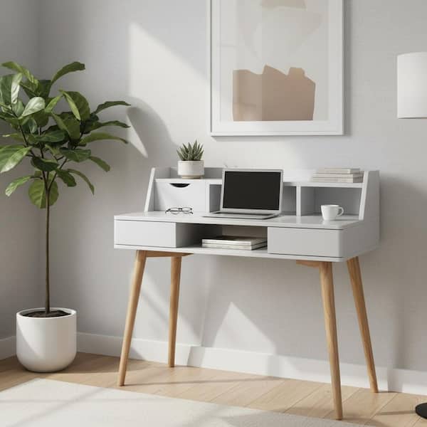 40-in. White Modern Writing Desk with Built-In Storage