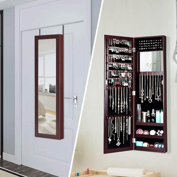 Rectangular Brown Wood Mirrored Jewelry Cabinet Armoire Storage Organizer
