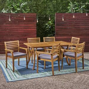 Casa 30 in. Teak Brown 7-Piece Wood Rectangular Outdoor Dining Set with Dark Grey Cushions