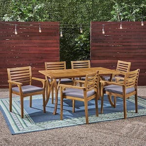 Casa 30 in. Teak Brown 7-Piece Wood Rectangular Outdoor Dining Set with Dark Grey Cushions