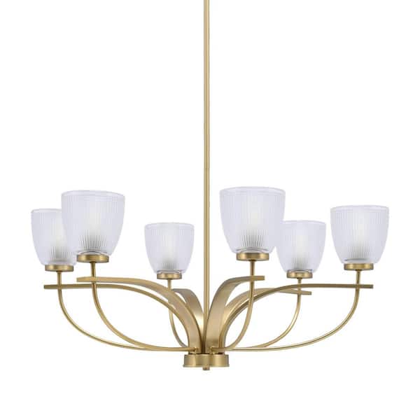 Unbranded Olympia 6 Light, Uplight, Chandelier, New Age Brass Finish, 5 in. Clear Ribbed Glass