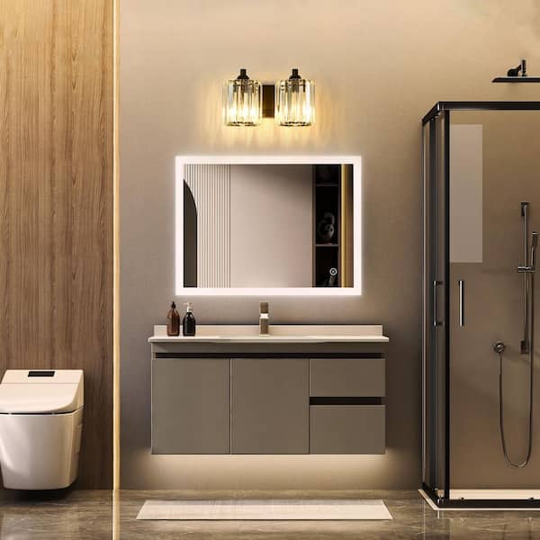 Modern 12.6 in. 2 Light Black Bathroom Vanity Light with Crystal Glass Shade