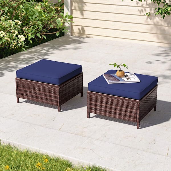 Sonkuki 2-Piece Steel Frame Brown Wicker Outdoor Ottoman with Navy Blue Cushions