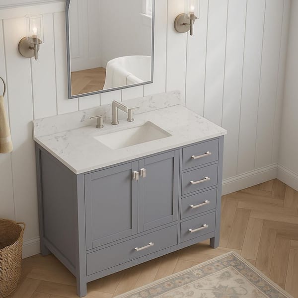 Bath Mist 42 in. W Single Sink Freestanding Bath Vanity in Gray with White Engineered Stone Top Assembled