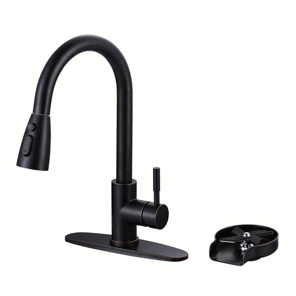 Oil Rubbed Bronze Single Handle Pull-Down Kitchen Faucet with Deckplate
